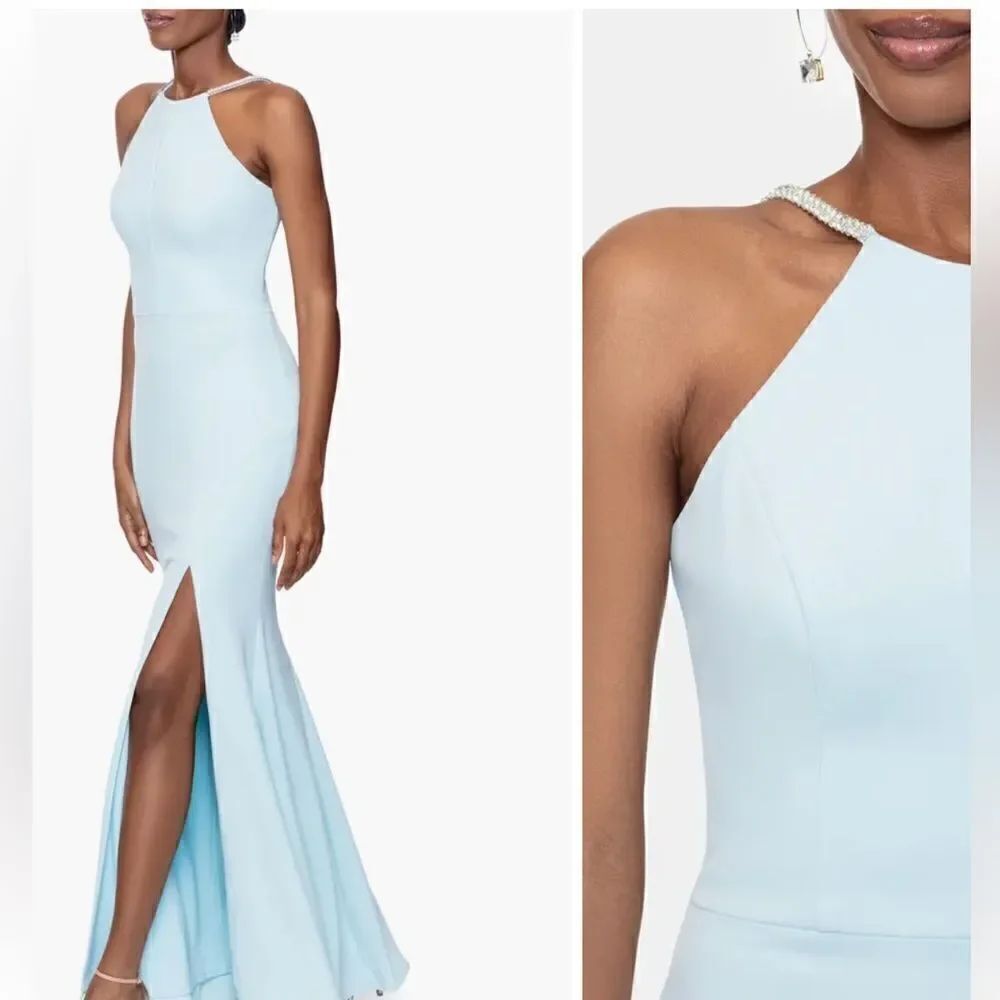 Xscape Evening Rhinestone Embellished Strap Keyhole Gown Aqua NWT $278